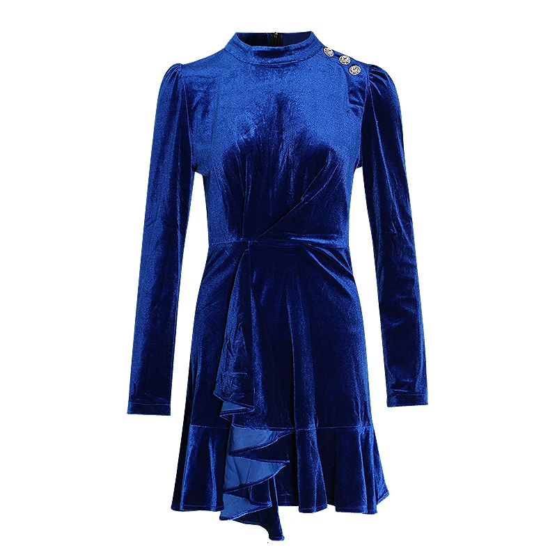 blue TWOTWINSTYLE бархатное платье-туника с асимметричным подолом для женщин, мини-платье с длинным рукавом и высокой талией, Женская мода, новая одежда - Цвет: blue