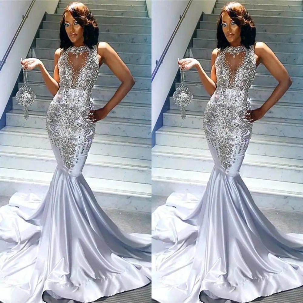 

Black Girls Satin Mermaid Prom Dresses 2020 Evening Dresses Formal Occasion Gowns Beaded Crystal Long Vestidos de fiestar