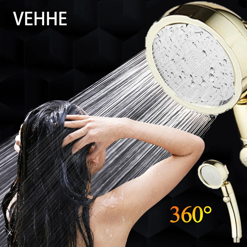 

VEHHE Gold Plating Chrome Water Saving 360 Rotating Shower Head High Pressure 3 Modes Stop Button Bathroom Shower Accessories