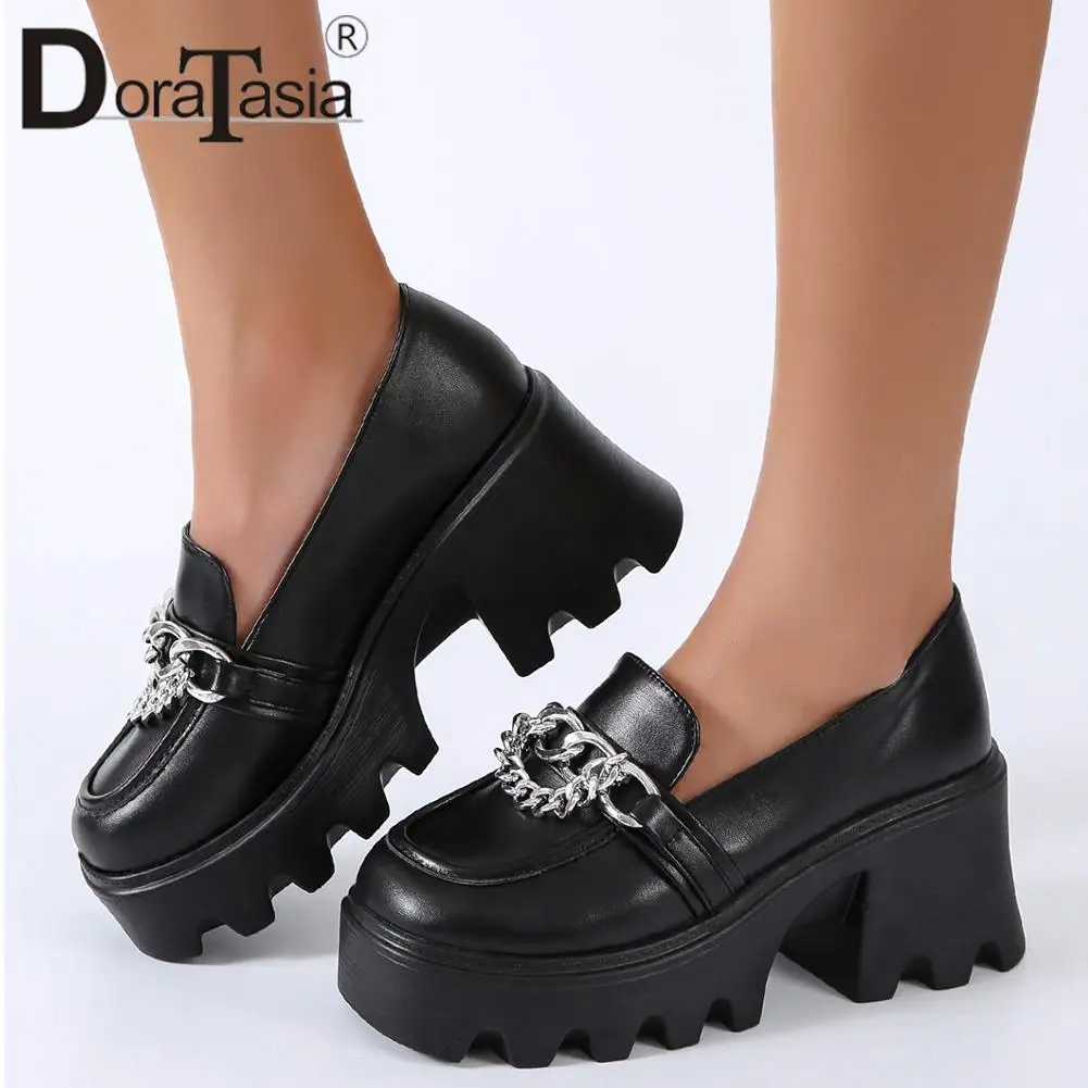 

DORATASIA New Female Platform Pumps Fashion Chain Chunky High Heels Round Toe Slip-On Pumps Women Casual Office Shoes Woman