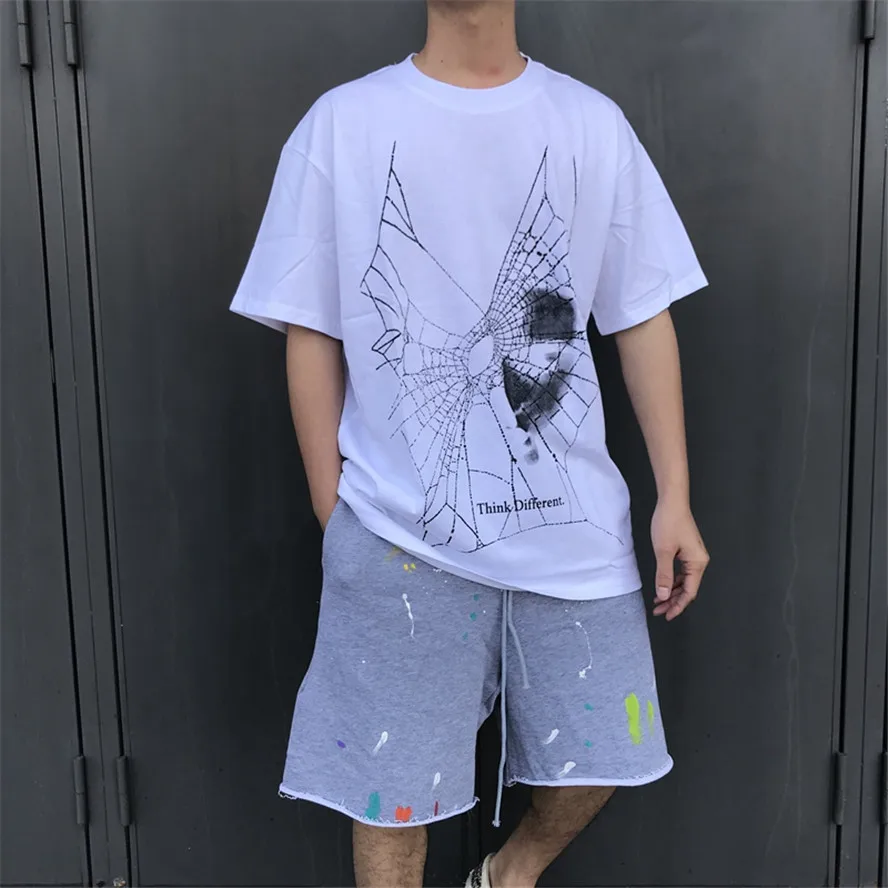 

RHUDE Think Different T-shirt Men Women Face Spider Web Graphical Print Rhude Short Sleeve High Quality Cotton Tops Tee