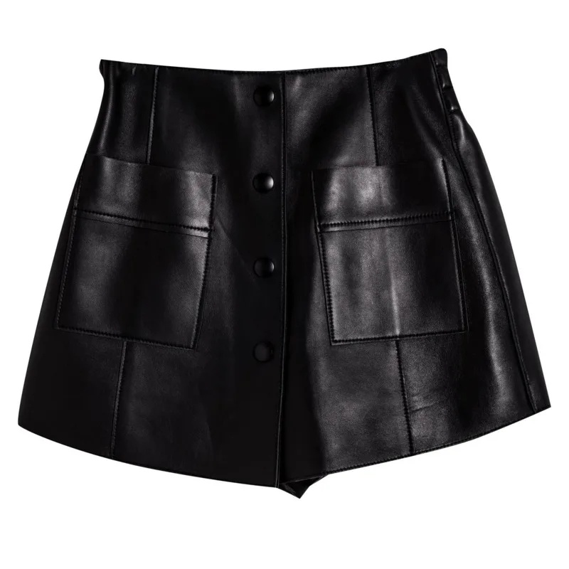 

[DEAT] 2021 New Autumn Fashion Women's Leather Skirt Mini Length A-line Office Lady Solid Slim Wild Button With Pockets TX221