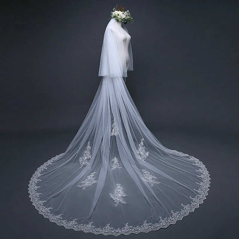 Real Photos Two Layer 3 Meters Long Lace Wedding Veil with Comb Voile De Mariee Bridal Veil Veu De Noiva Wedding Accessories