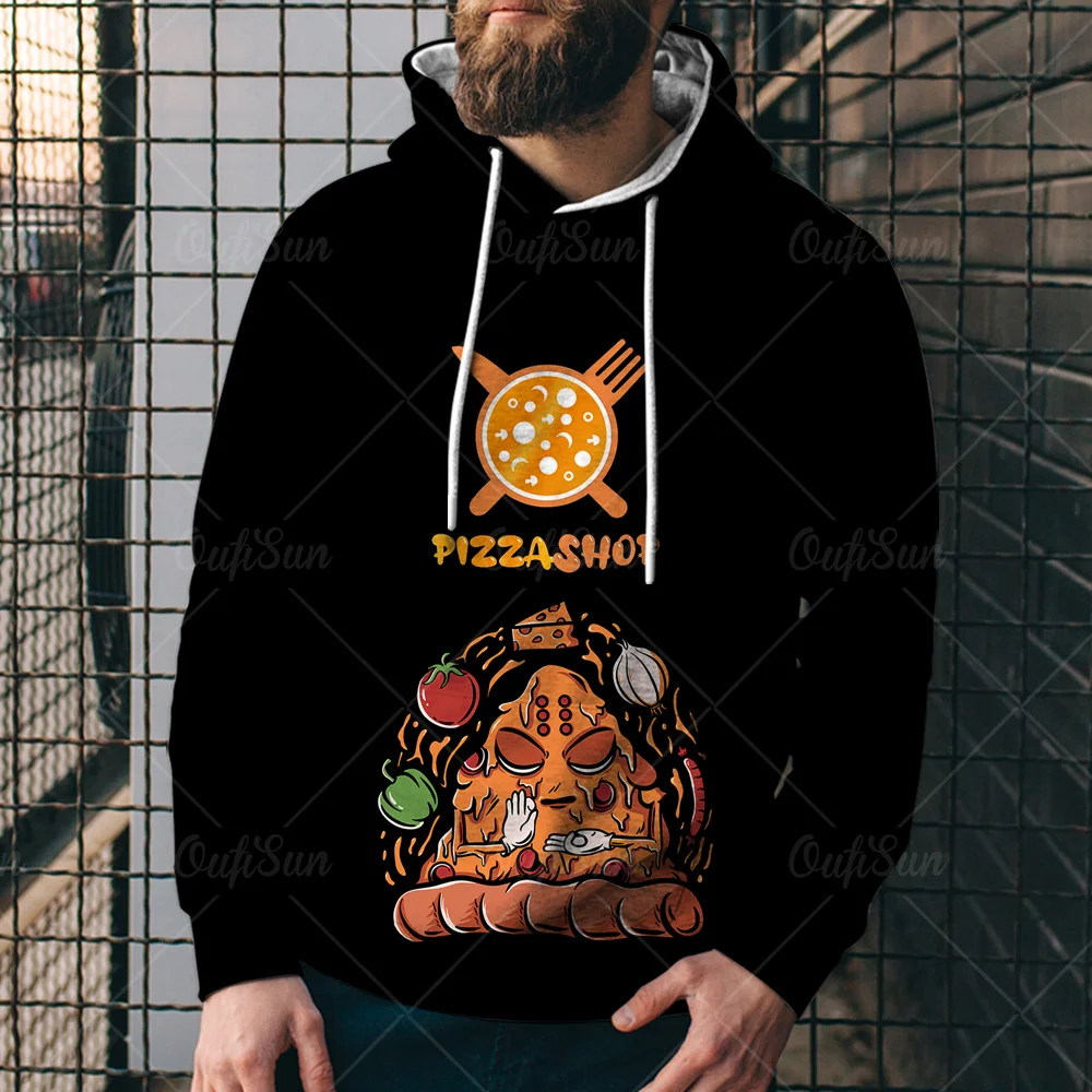 

Burger Pizza Fries Printed Oversize Sweatshirts Men Hooded Long Sleeve Streetwear Fashion Cartoon Food Pattern Casual Man Hoodie
