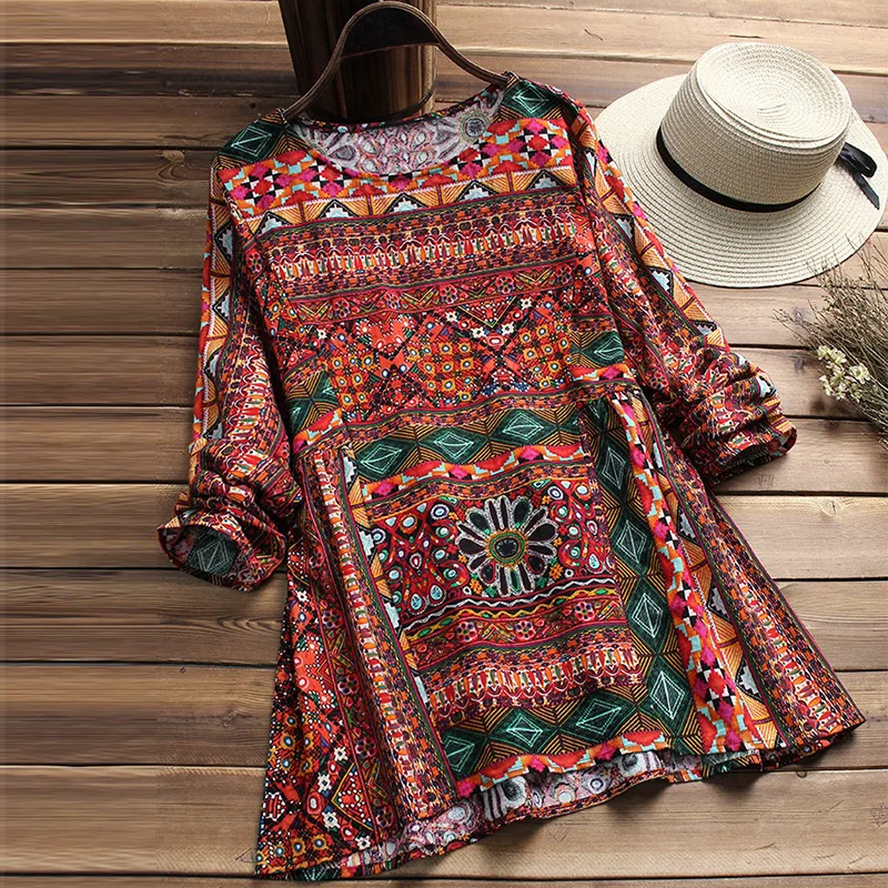 

New Women Casual Basic Summer Autumn Print Blouse Top Shirt Long sleeve Plus Size S~5XL
