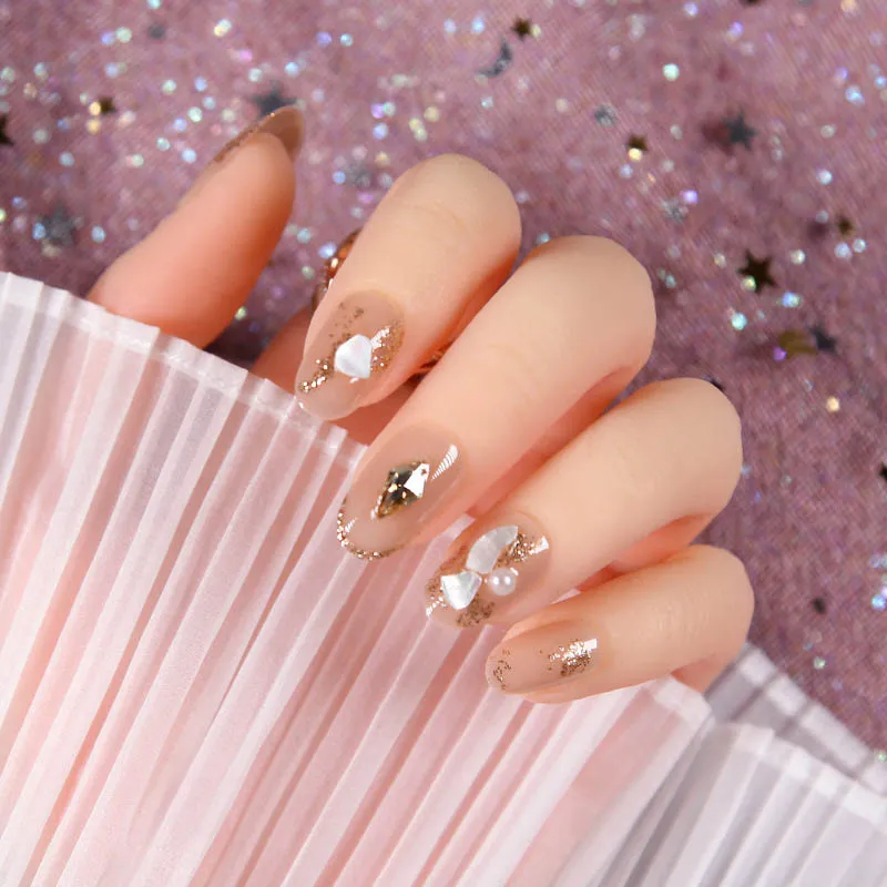 

24pcs Nude Color Nude Color Gold Foil false nails pre decoration Wearable Round Head Fake Nails with Glue Girls Hands Deco TN
