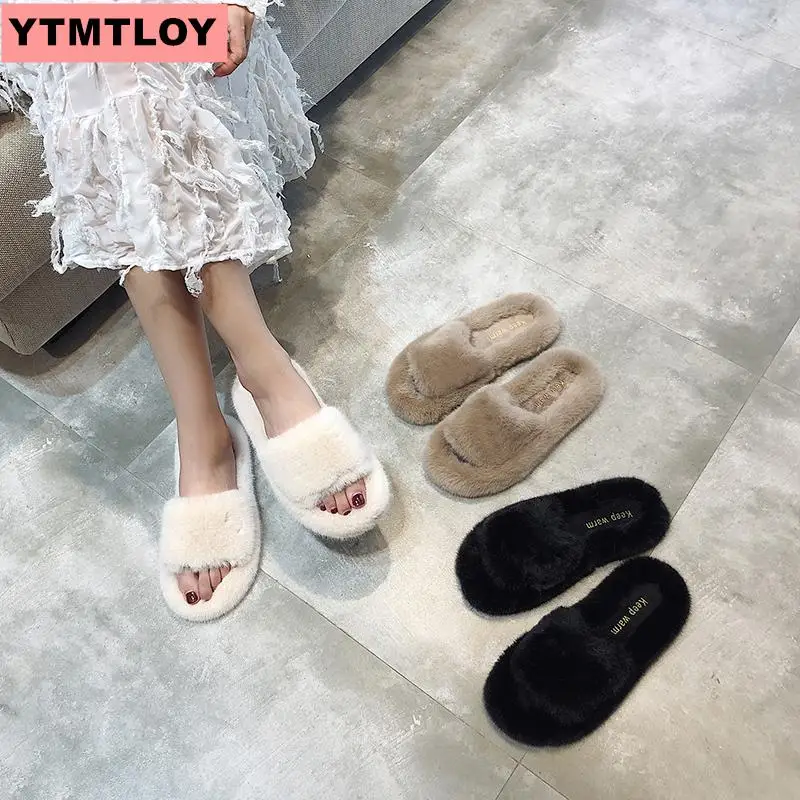 Популярные женские меховые тапочки Зимняя женская обувь Домашние больших