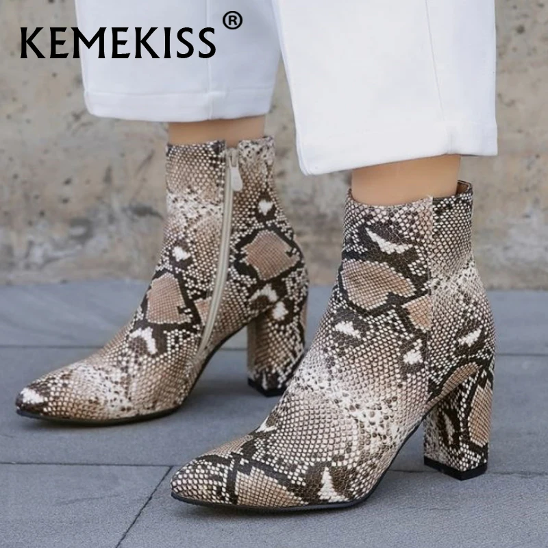 

KemeKiss Plus Size 32-43 Women High Heel Boots Snake Pattern Thick Heel Shoes Woman Fashion Ladies Short Boots Party Footwear