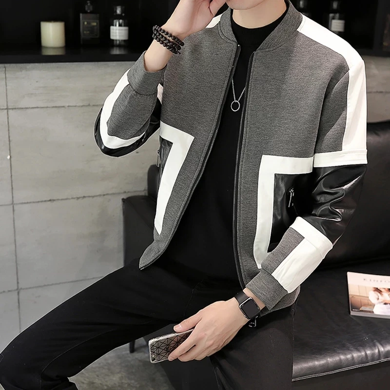 

Stitching men's leather jacket autumn slim contrast color men's jacket jacket high-quality black gray men's motorcycle leather