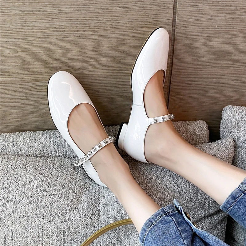 

VERCONAS Spring Round Toe Women Rhinestone Mary Janes Pumps Retro Casual Genuine Leather Low Heels Spring Shoes Woman Concise