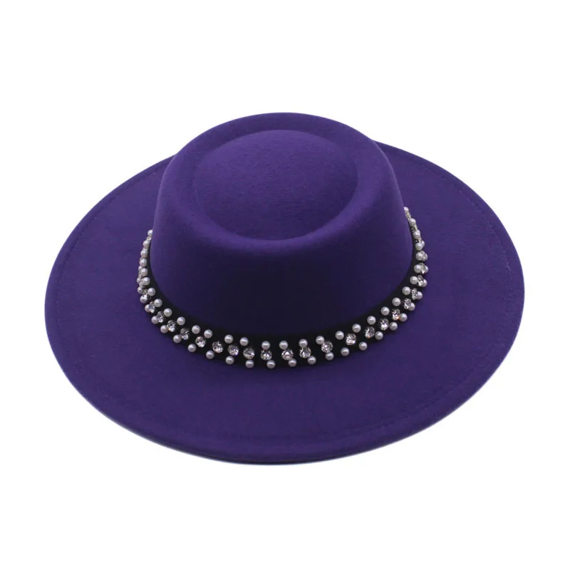 

Men Women Wool Felt Fedora Bowler Hat with Ribbon Band Elegant Wide Brim Flat Top Party Jazz Cap Black Red Army Green Hats