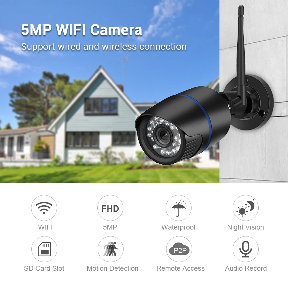

2021 NEW Hamrolte 5MP Wifi Camera Bullet Waterproof Outdoor Wireless IP Camera Audio Record IE Browser Xmeye Cloud RTSP iCSee