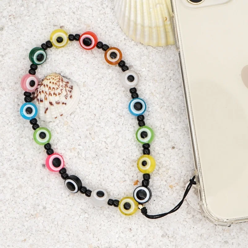 Acrylic Colorful Eyes Beads Phone Chain Strap Handmade Bracelet Telephone Portable Lanyard for Keys Lady Gift Bohemian Jewelry
