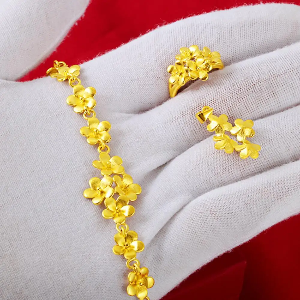 HOYON Gold color jewelry 14k original Jewelry set Women's Flower Ring Flower Necklace Bracelet Three Piece Set Wedding