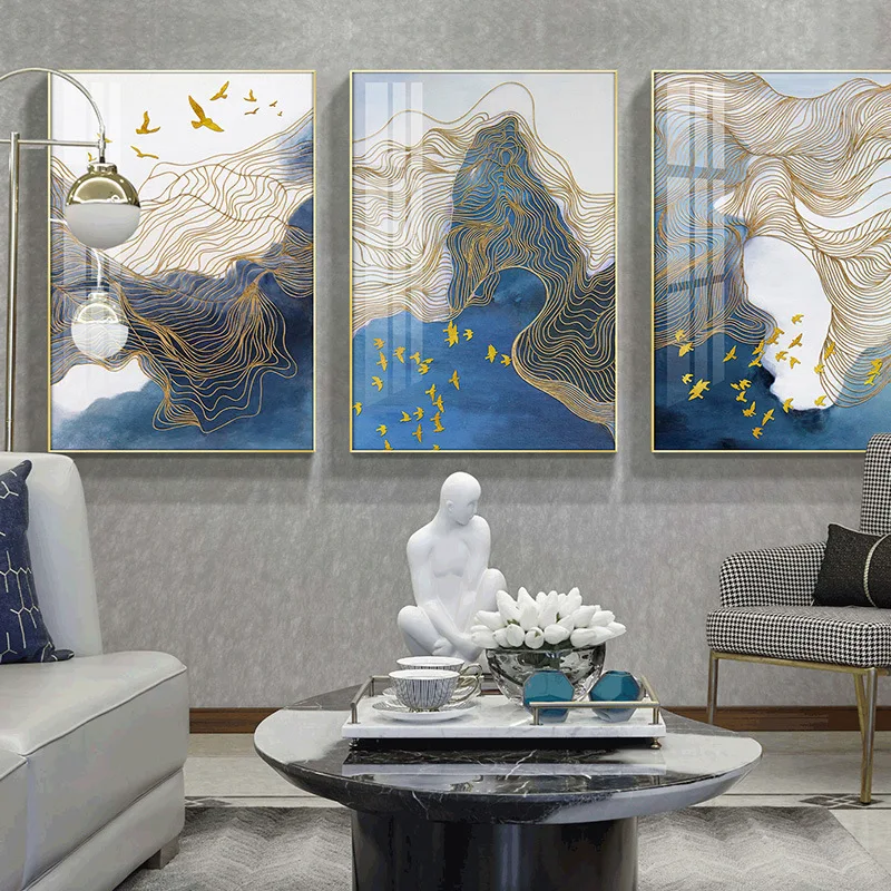 

New Chinese Style Line Frameless Painting Core Porch Sofa Hanging Painting Background Wall Atmosphere Triple Decorative Painting