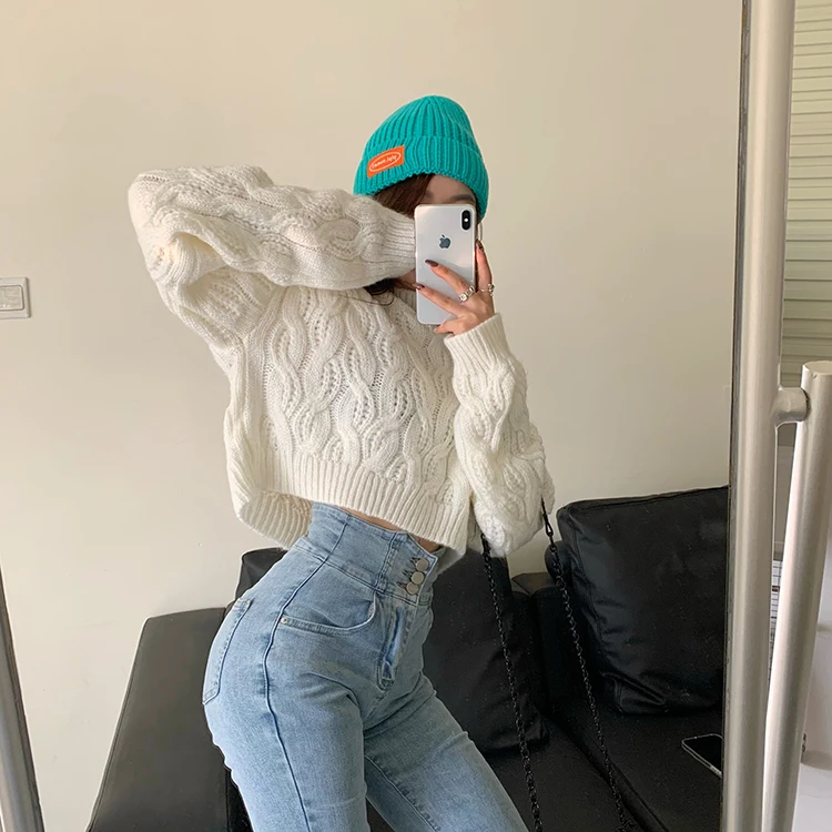

Casual Style Winter Clothes Women Knitted Pullovers Blue Crop Top Korean Clothes New Fashion Brand Female Sweaters Loose New
