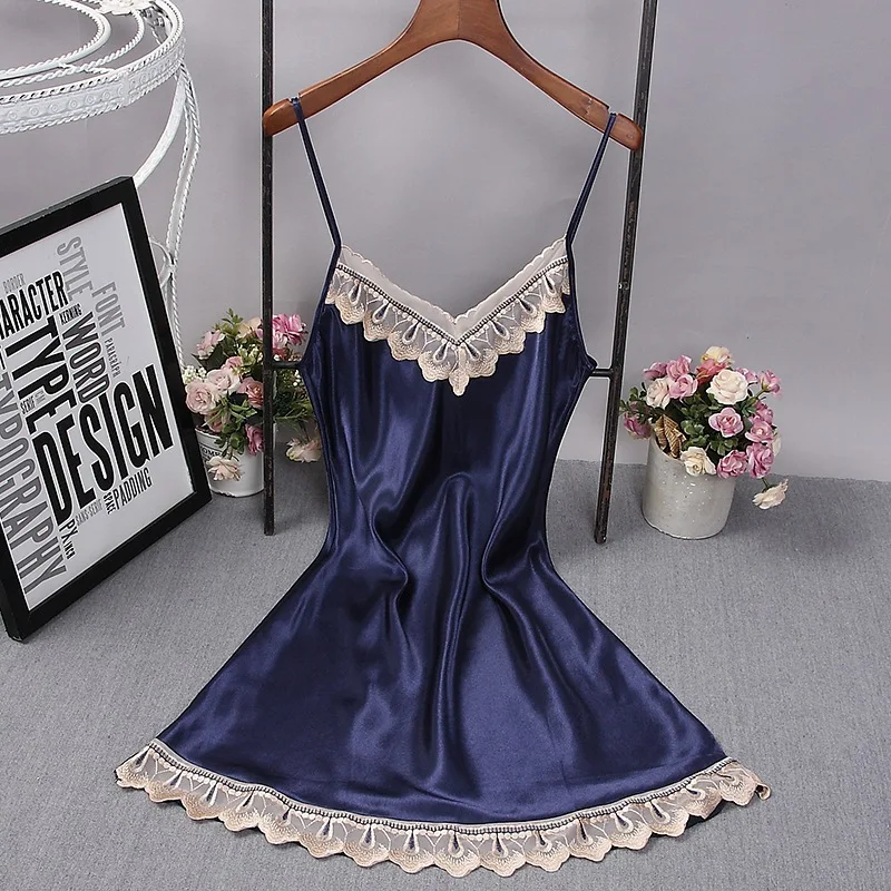 

Summer Dress Lace Night Dress Sleepwear Sexy silk nightdress V-neck Nightdress Satin Nightgown Summer Patchwork Home Dress
