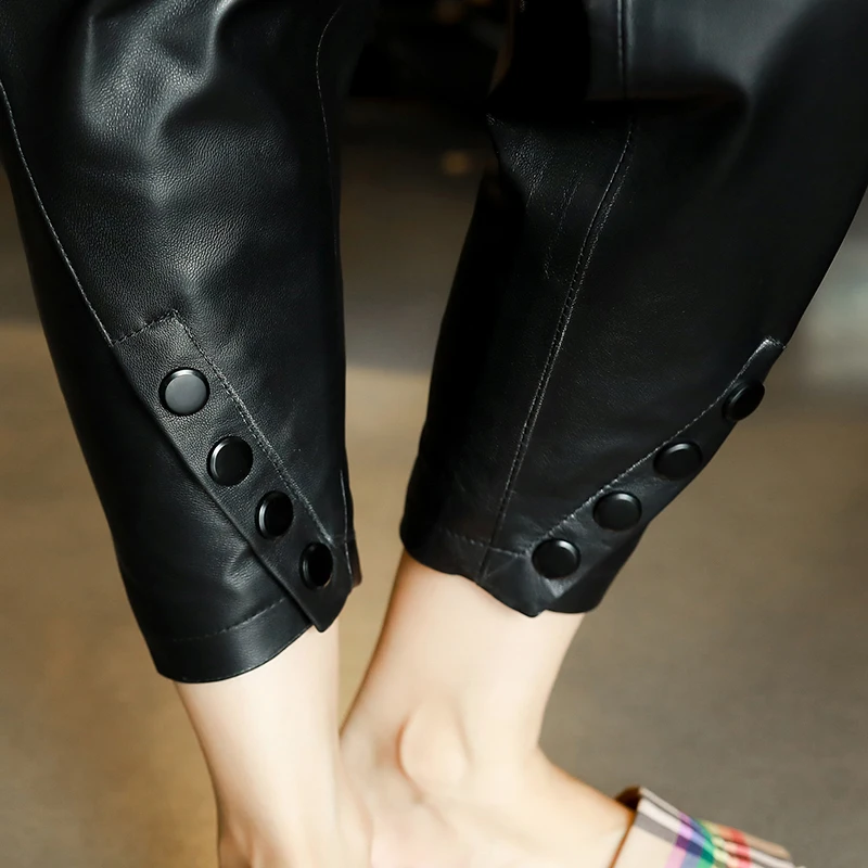 

2020 Autumn Ankle Length Genuine Leather Button Pencil Pants Lady Natural Sheepskin Female Natural Leather SLim Waist Trousers
