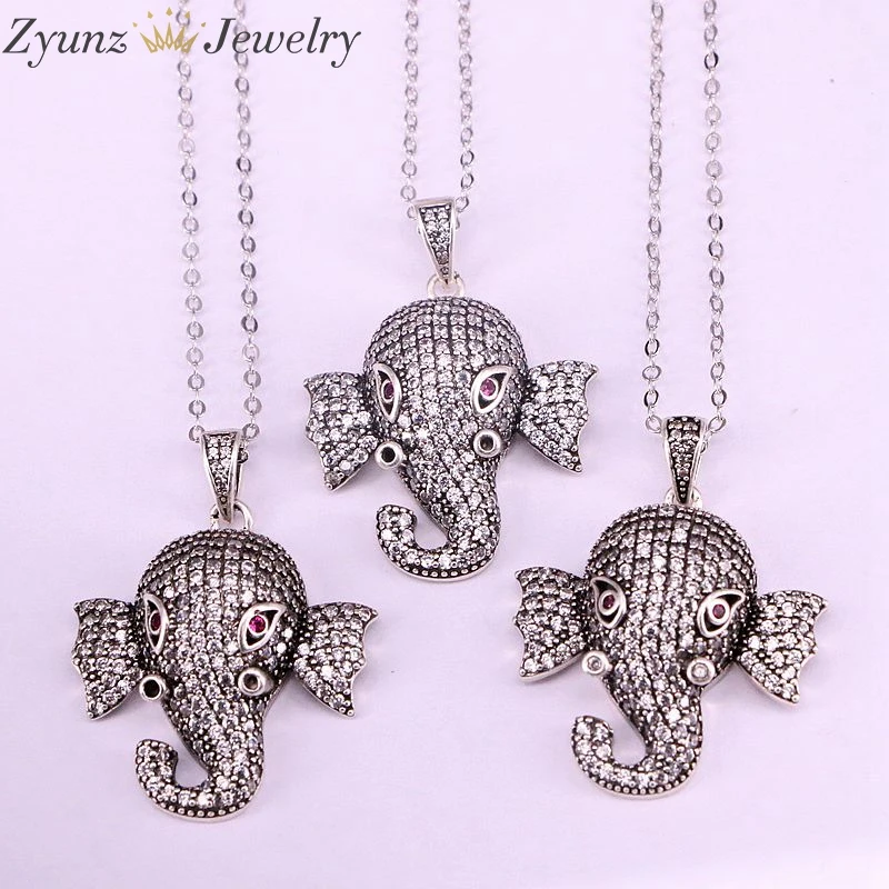 5PCS, Clear CZ Cubic Zirconia Elephant Head Pendant Necklaces Genuine Vintage Silver Color For Women Jewelry Party Gift