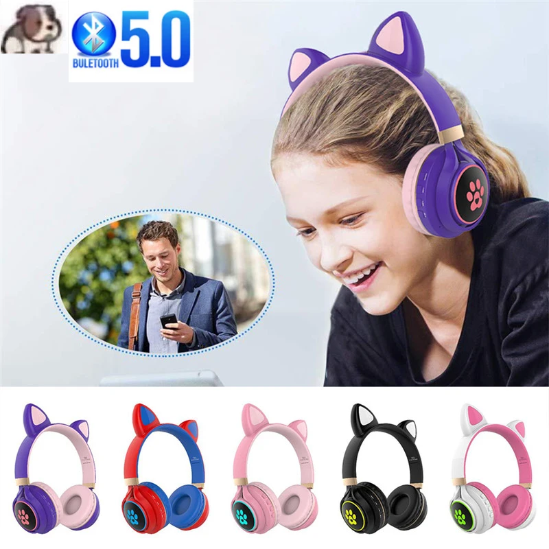 Беспроводные Bluetooth наушники с кошачьими ушками детская гарнитура подсветкой для