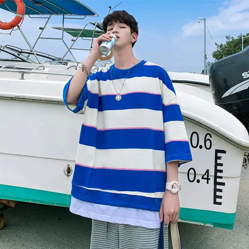 

Cotton Fake Two-piece T-shirt Men's Fashion Casual Striped T Shirt Men Streetwear Loose Hip-hop Short-sleeved Tshirt Mens S-5XL