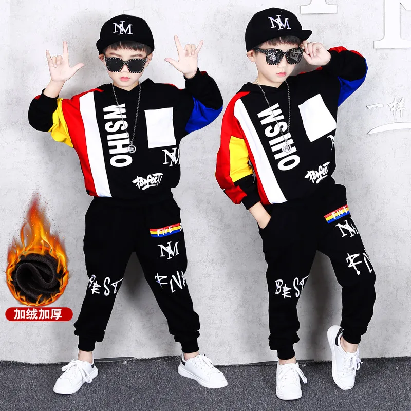 

2019 Autumn New Fashion Boys Suit Children's Cool Hip-hop Suit Kids Pure Cotton Long Sleeve Spell Color Sweater+Pants