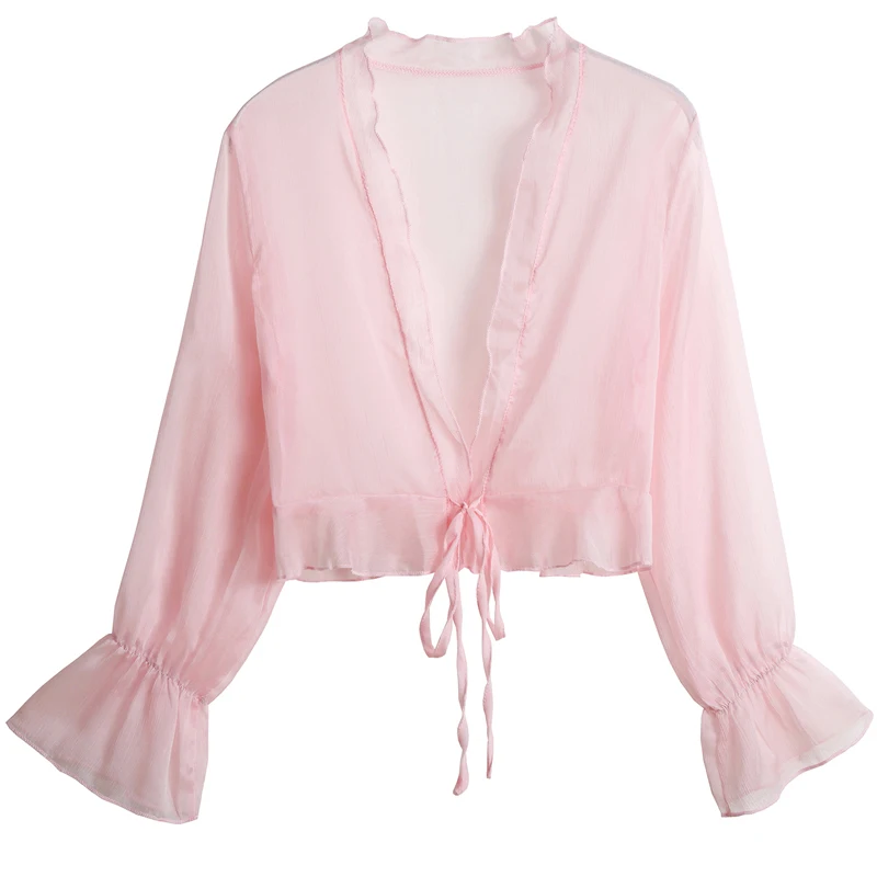 

Womens Chiffon Long Sleeve Shrug Shawl Cardigan Top for Party Vestidos Summer Thin Sun Protection Clothing Lace Up Shrug