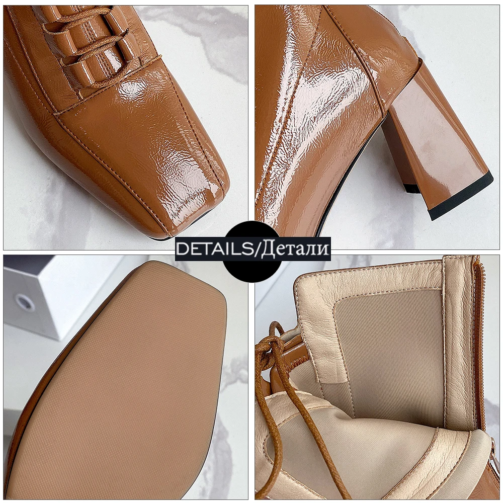 

WETKISS New Stretch Ankle Boots Women Cross Tied Thick High Heels Shoes Woman Square Toe Patent Booties Lady Lace Up Boot Zip