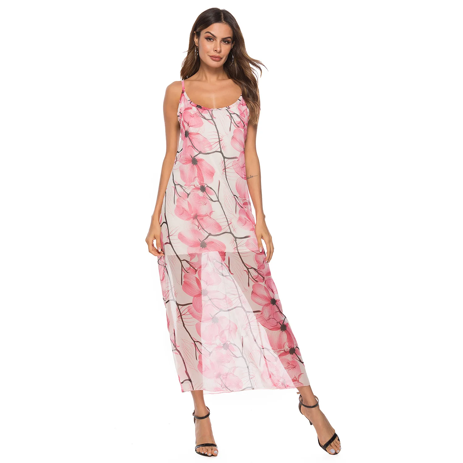 

Женская миди; Новое платье без рукавов для размера плюс новое летнее шифоновое пляжное повседневное Цветочный принт элегантные вечерние дл...