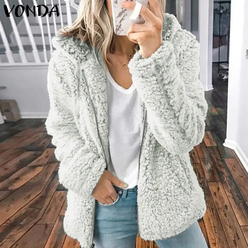 VONDA осенне-зимнее женское пальто из искусственного меха с капюшоном, куртки на молнии с длинным рукавом, плотный флисовый кардиган, пальто размера плюс
