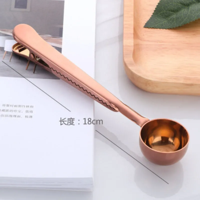 Rose gold Многофункциональные кухонные принадлежности, совок для кофе с зажимом из нержавеющей стали, чайный кофе, мерный стакан, ложка для кофе - Цвет: Rose gold