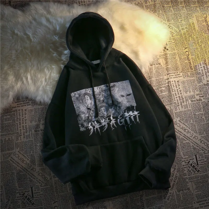

QWEEK Gothic Harajuku Oversized Hoodies Women Streetwear Punk Hip Hop Black Sweatshirt Mall Goth Top Emo Clothes 2021 Pullover