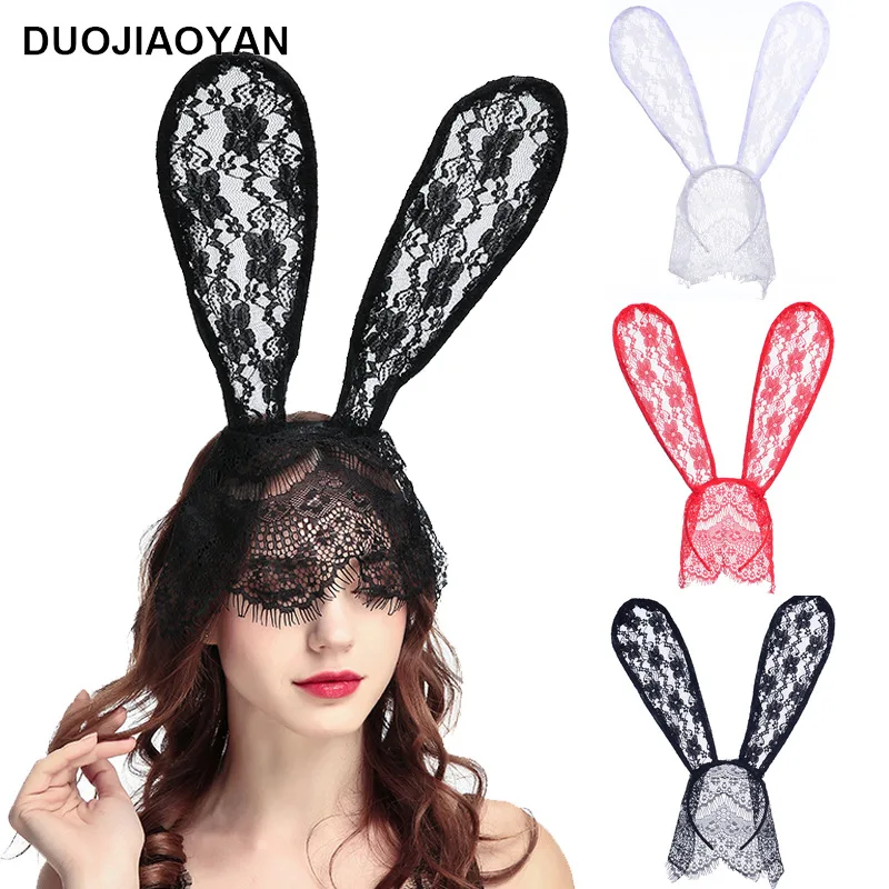 

Rabbit Ear Headband New Lace Big Bunny Ears Black Fashion Sexy Headband Mask PROM Party Photo Halloween Black White Red Headwear