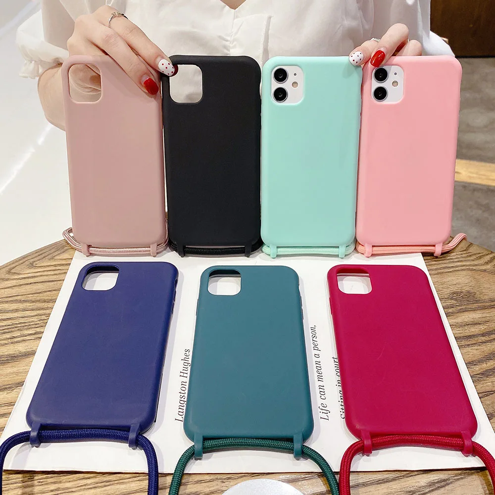 2022.Solid Color Phone Case for iPhone 12 Mini 11 Pro Max XR X XS Max 6 6s 7 8 Plus Lanyard Necklace Chain Hang Strap Cord Rope