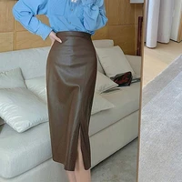 high waist slit pu skirts woman mid length elegant fashion temperament a line sheath leather skirt womens slimming black skirt