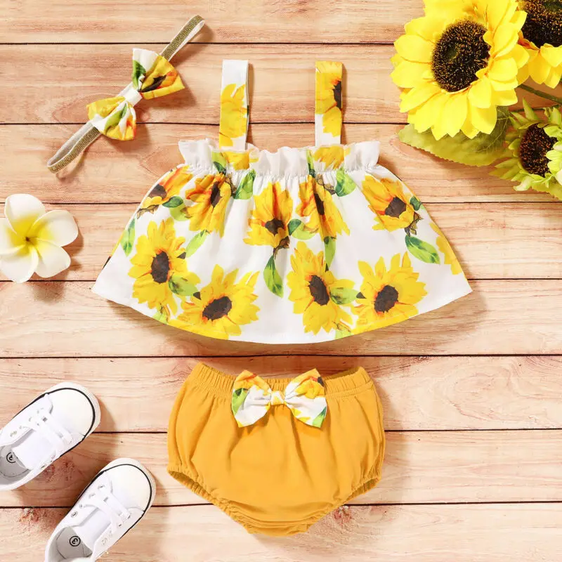 

Summer Newborn Baby Girl Floral Sling Strap Vest Tops+Shorts Pants Clothes Sunflower Outfits Headband 3pcs Set