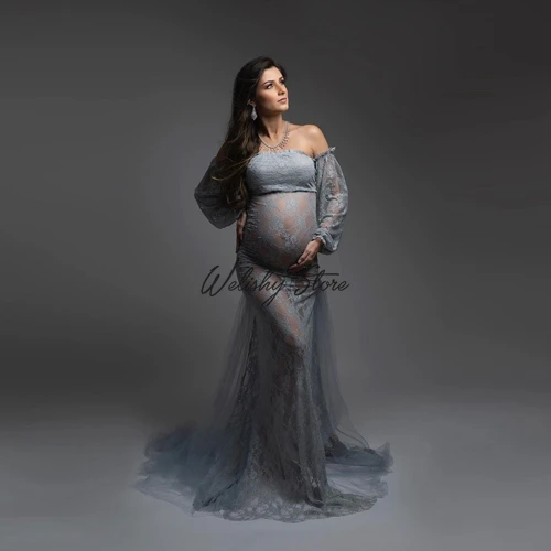 Gray Strapless Off Shoulder Long Maternity Dress Women Sexy Lace Appliques Long Floor Length Tulle Dresses Detachable Sleeves