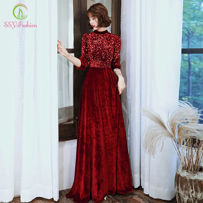 

Женское винтажное вечернее платье SSYFashion, велюровое платье винного цвета с рукавом 3/4, длиной до пола и блестками, бальное платье для зимы