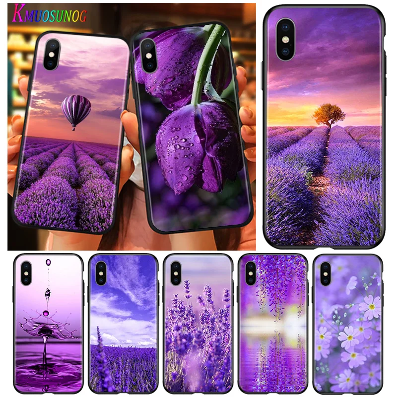 

Bright Black Cover lavender Purple flowers For iPhone 2020 11 Pro XS Max XR X 8 7 6 6S Plus 5 Phone Case