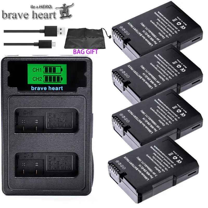 charger and 4battery Акумуляторная батарея EN-EL14 EN-EL14a ENEL14 RU EL14 EL14a Батарея+ ЖК-дисплей USB Dual Зарядное устройство для Nikon D3100 D3200 D3300 D5100 D5200 D5300 P7000 - Цвет: charger and 4battery