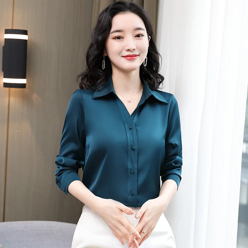 

Korean Silk Women Shirts Women Satin Blouses Woman Long Sleeve Blouse Tops Plus Size Elegant Office Lady Silk White Shirts Top