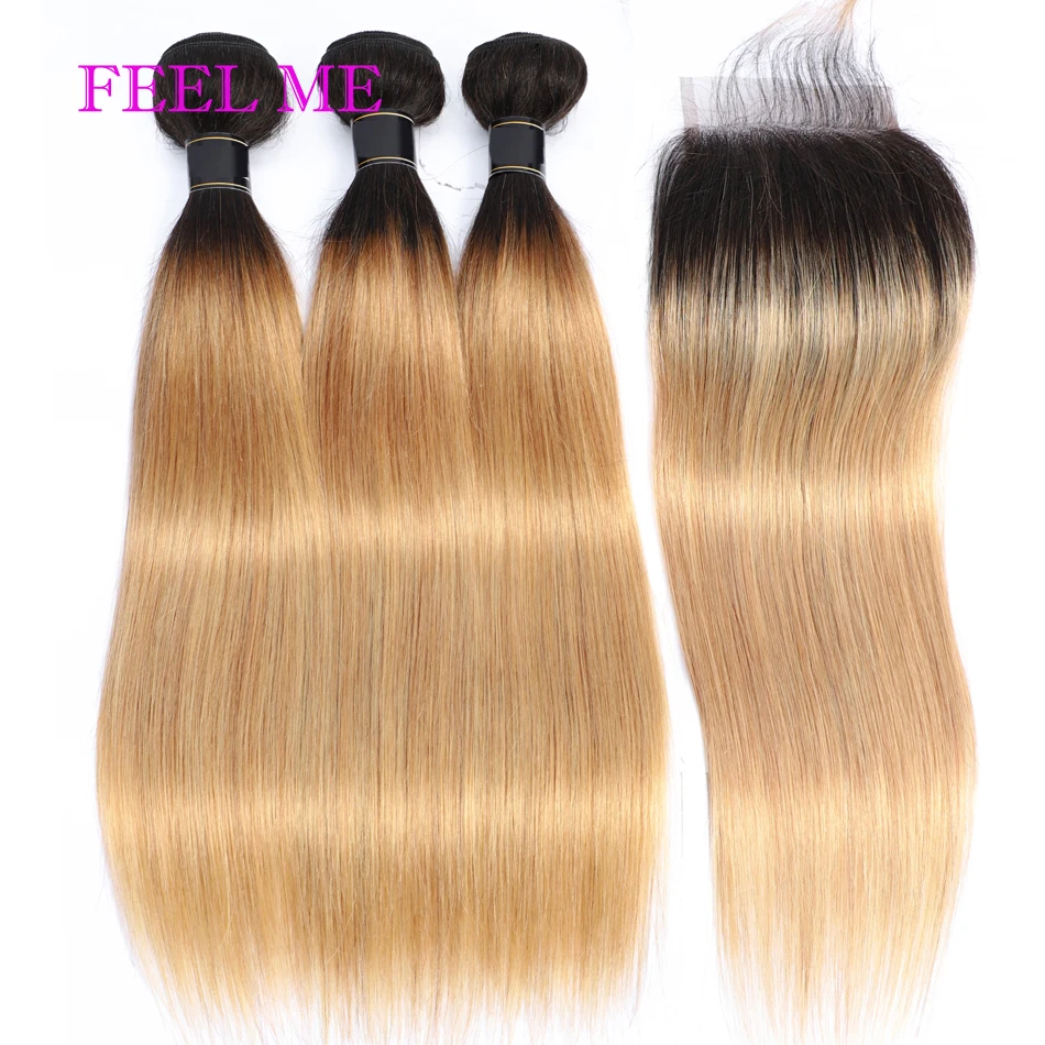 

FEELME Two Tone Brazilian Straight Hair Bundles With Lace Closure 1b/27 Ombre Human Hair Bundles With Closure 4x4Inch Remy Hair