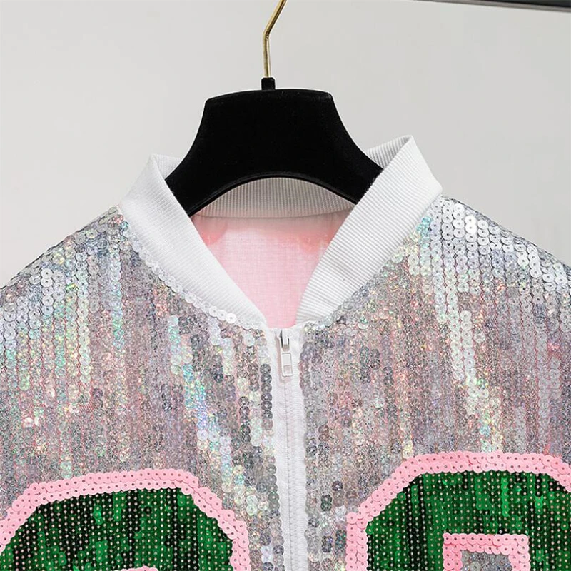 Женская куртка-бомбер с блестками Повседневная Свободная Базовая куртка