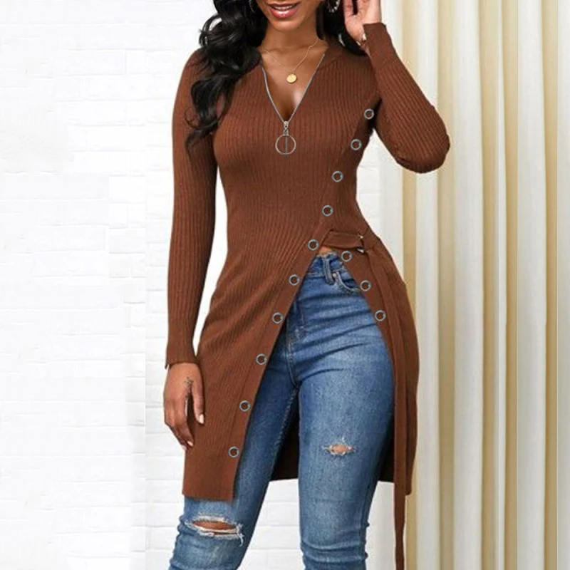 

Модная Осенняя блузка в рубчик с длинным рукавом, пикантные рубашки на молнии с V-образным вырезом и высоким разрезом, пуловер, женские повсе...