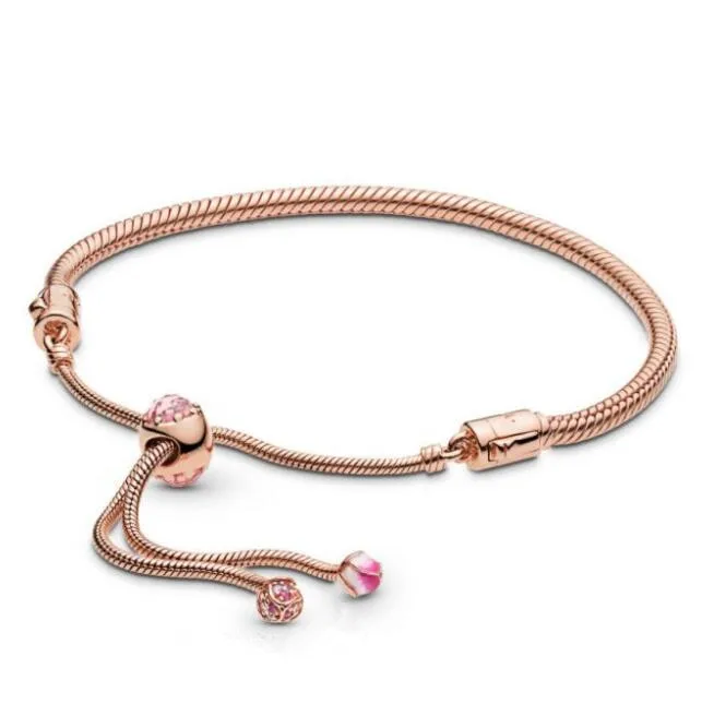 

Original 925 Sterling Silver Rose Peach Blossom Flower Sliding Adjust pan Bracelet Bangle Fit Women Bead Charm Diy Jewelry