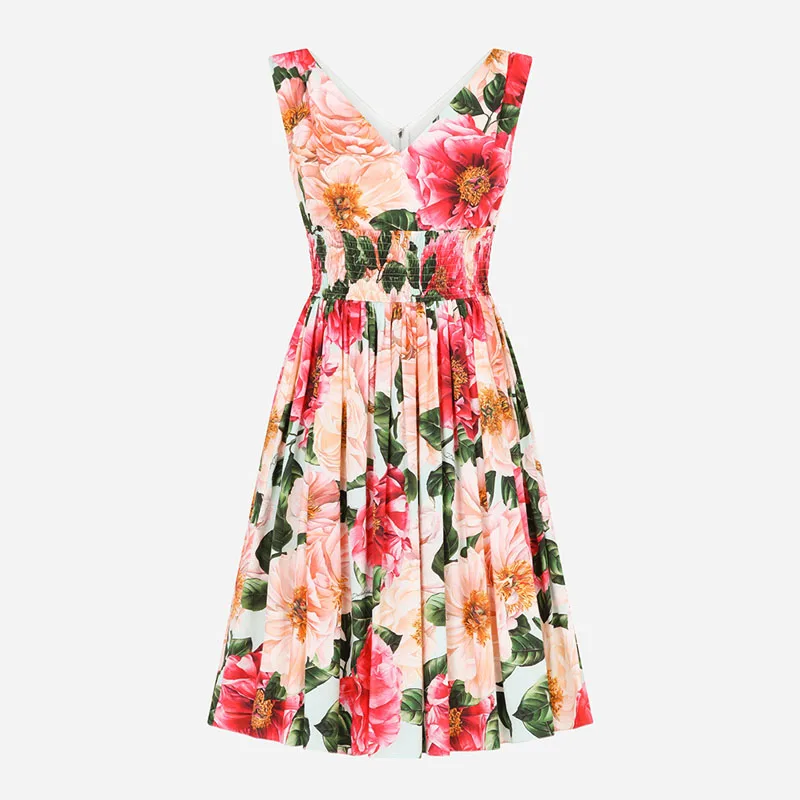 

V-Neck Flower Print 2021 Summer Camellia Floral Multicolor Tank Dress Women Elegant Elastic Waist Holiday Beach Midi Dress 304#