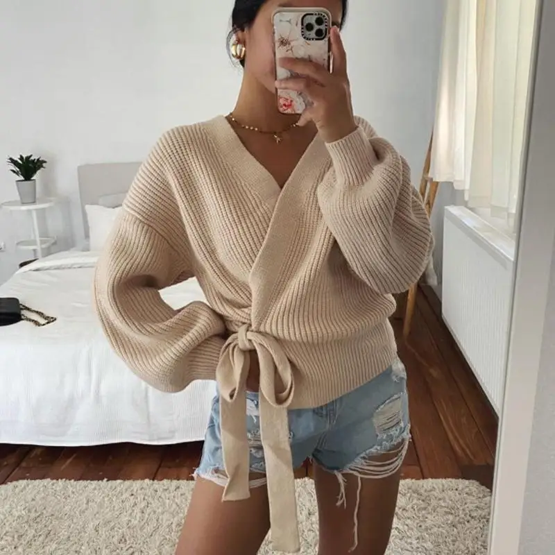 

Женский трикотажный Свободный кардиган с V-образным вырезом