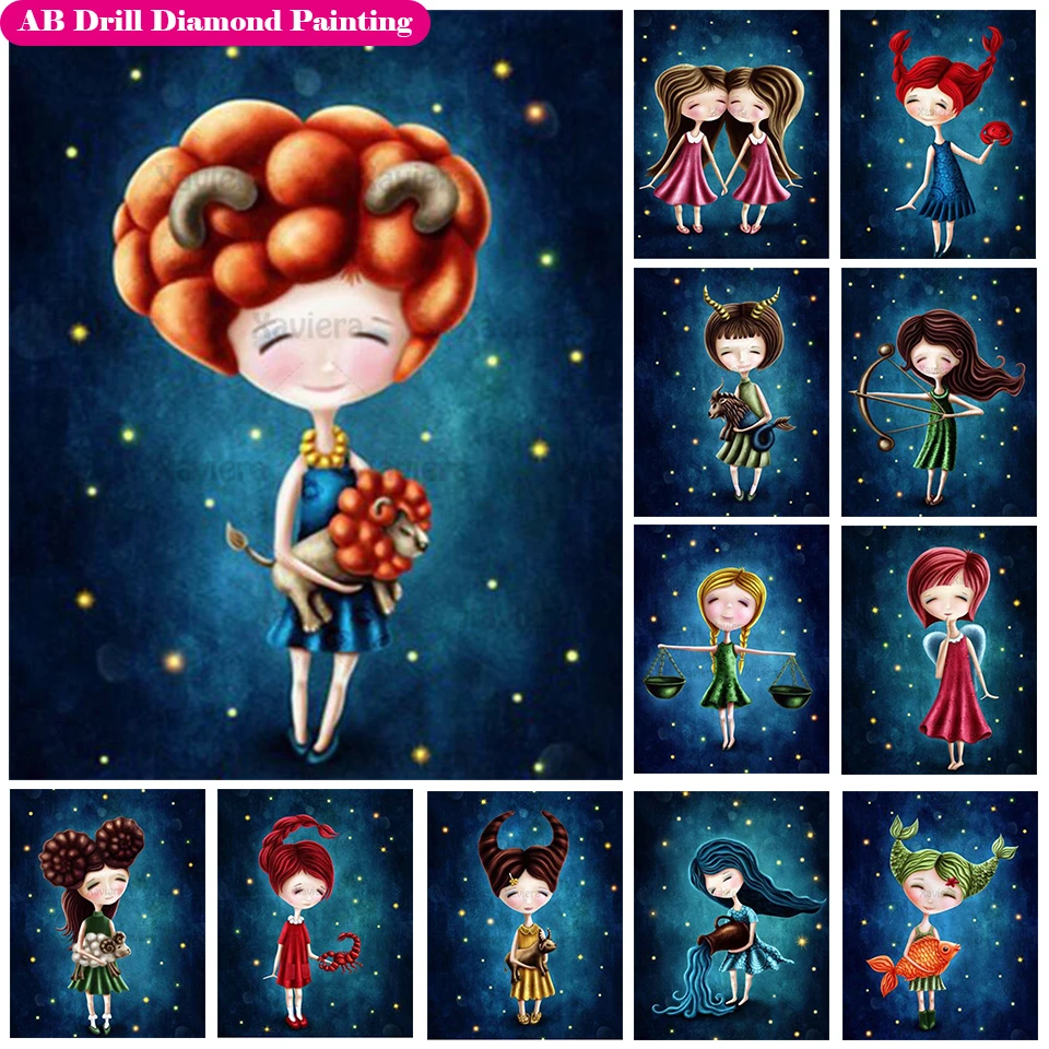 

AB Square/Round Diamond Twelve Constellation Diamond Art Cartoon Diamond Painting Kits Abstract Diamond Embroidery Zipper Bag