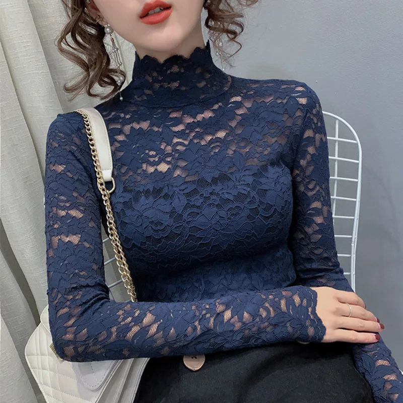 

#0243 Black White Blue Pink Lace T Shirt Women Sexy Perspective Turtleneck Long Sleeve T Shirt Femme Thin Hollow Out Mesh Tight