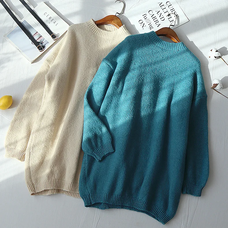 Элегантное OL Свободное длинное платье свитер с круглым вырезом женское плотное